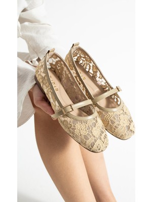 Dabab Shoes Merına Kadın Bej Düz Babet Dantel Dokuma Çiçek Desenli Tokalı Düz Günlük Ayakkabı