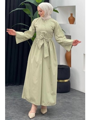 Tesettür Diyarı Kadın Bağlama Detaylı Gömlek Elbise- Su Yeşili