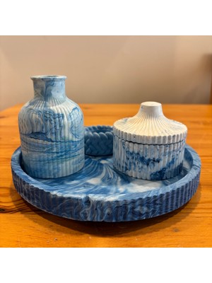 Atölye Sonart Ebru Desenli Taş Tozu Dekoratif Tepsili 4'lü Mumluk Set