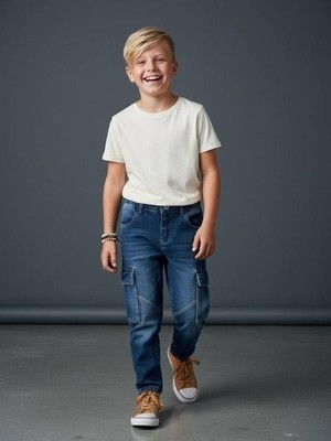 Zekids Erkek Çocuk Kargo Cepli Beli Lastikli Denim Pantolon