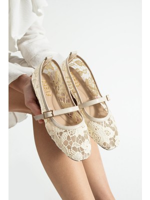 Dabab Shoes Merına Kadın Ten Düz Babet Dantel Dokuma Çiçek Desenli Tokalı Düz Günlük Ayakkabı