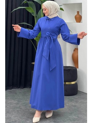 Tesettür Diyarı Kadın Bağlama Detaylı Gömlek Elbise- Saks Mavi