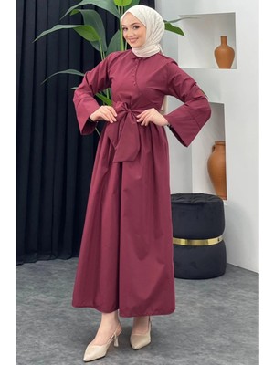 Tesettür Diyarı Kadın Bağlama Detaylı Gömlek Elbise- Bordo