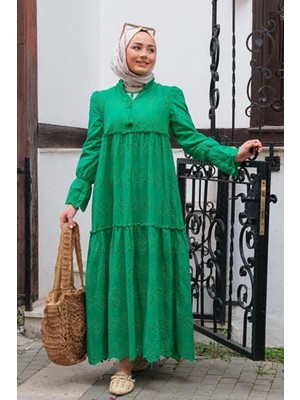 Tesettür Diyarı Fistolu Yaka Bağlama Detaylı Tesettür Elbise- Yeşil