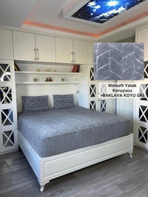 Baklava Model Welsoft Yumuşak Kış Aylarının Vazgeçilmez Yatak Koruyucu Örtüsü - Koyu Gri - 180X200