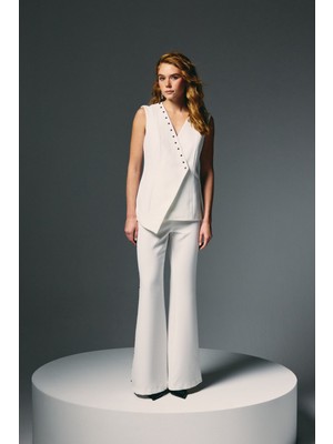 Sateen Yanları Inci Aksesuarlı Pantolon - Ekru