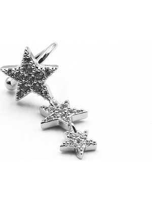 Sose Moda Üçlü Yıldız Zirkon Earcuff Kıkırdak Küpe – Gümüş, Sıkıştırmalı, Anti Alerjik