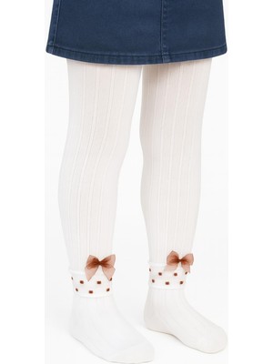Civil Girls Derbili Fiyonk Aksesuar 3-11 Yaş Kız Külotlu Çorap - Ekru 11-12 Yaş