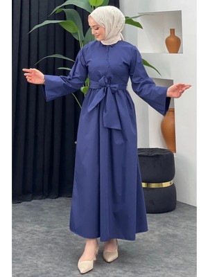 Tesettür Diyarı Kadın Bağlama Detaylı Gömlek Elbise- Lacivert