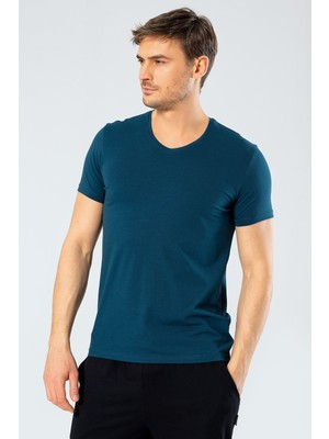 Cacharel Erkek V Yaka Likrali T-Shirt 1332/PETROL