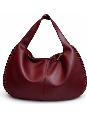 Turqa Bordo Renk Oval Örgü Desenli Kenar Yumuşak Suni Deri Kadın Omuz Çantası