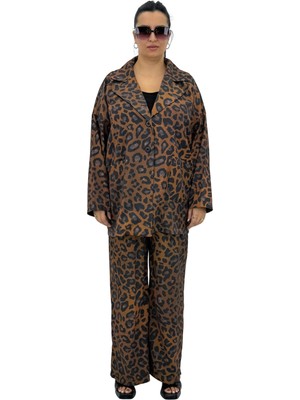 Aysel Büyük Beden Leopar Desenli Düğmeli Üçlü Kadın Takım