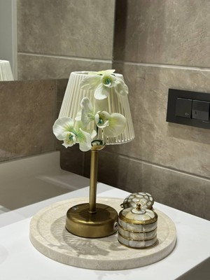 Maison Avf Beyaz Deri Orkide Detaylı Kablosuz Şarjlı Masa Lambası – Alt Uzun Eskitme Gold