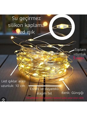 Pandoli 50 Ampullü Bakır Tel Peri LED 5 Metre Gün Işığı Renk Pilli LED Işık Ramazan Yılbaşı