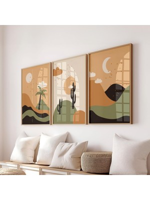 Pam Studio Modern Minimalist Çöl Manzarası 3’lü Tablo Seti – Dekoratif Duvar Posteri
