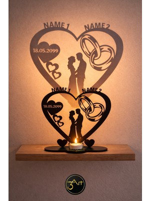 3art Metal Dekorasyon Kişiye Özel Isimli ve Tarihli  Mumluk - Çift Figürlü Kalpli Tasarım -  Dekoratif Hediye