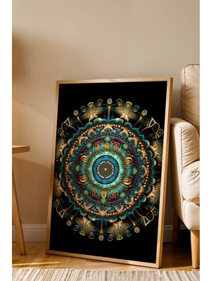 E2 Nova Okyanus Incisi Mandala Çerçeveli Tablo - Lüks Modern Turkuaz Mercan Duvar Dekoru Siyah Sanat