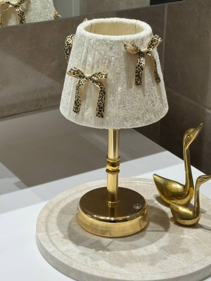 Maison Avf Leopar Fiyonk Detaylı Kadife Kablosuz Şarjlı Masa Lambası - Alt Uzun Parlak Gold