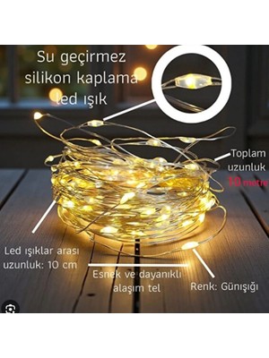 Pandoli 100 Ampullü Bakır Tel Peri LED 10 Metre Gün Işığı Renk Pilli LED Işık Ramazan Yılbaşı