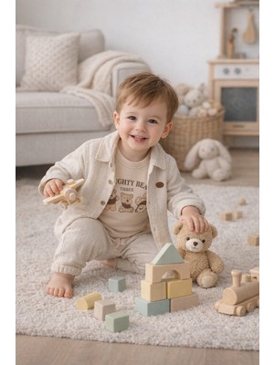 Baby Hola Ayıcık Desenli Müslin Kumaş Bayramlık Erkek Bebek Üçlü Takım Set Babyhola 2203