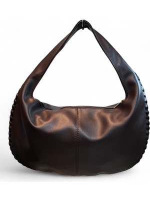 Turqa Acıkahve Oval Örgü Desenli Kenar Yumuşak Suni Deri Kadın Omuz Çantası