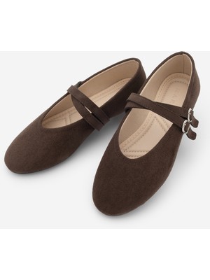 Marjin Kadın Kahve Süet Çapraz Bantlı Babet Düz Taban Rahat Kullanım İçin Şık Tasarım
