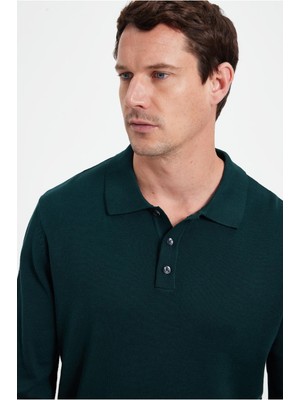 Tudors Erkek Standart Fit Normal Kesim Pamuklu Polo Yaka Yeşil Kazak