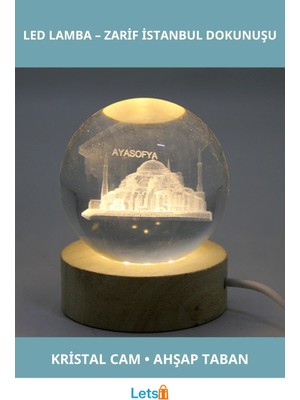 Letsii 3D Istanbul Temalı Kristal Cam Küre LED Lamba Ahşap Soket