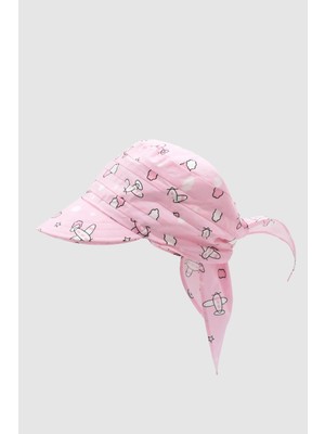 Külah Çocuk Safari Bağlamalı Eşarp Siperli Bandana Plaj Şapkası 8-15 Yaş Pembe Desenli