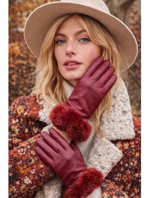 Külah Kadın Kürklü Suni Deri Eldiven - Bordo