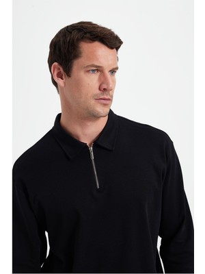 Tudors Erkek Relax Fit Rahat Kesim %100 Pamuk Yarım Fermuarlı Polo Yaka Interlok Siyah Sweatshirt