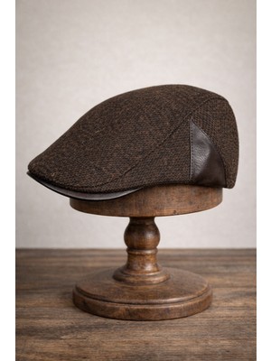 Külah Deri Siperli Yün Karışımlı Erkek Flat Cap Kasket | Ayarlanabilir | Klasik Kış Şapkası