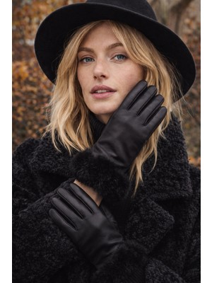Külah Kadın Kürklü Suni Deri Eldiven - Siyah