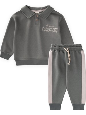 Cigit Yakalı Nakış Işlemeli Sweatshirt Takım 2-10 Yaş Çağla Yeşili