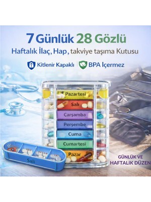 Coofbe Bpa Içermez Haftalık Hap Saklama Kutusu 4 Bölmeli 28 Gözlü Kilitli Kapaklı Hap Kutusu