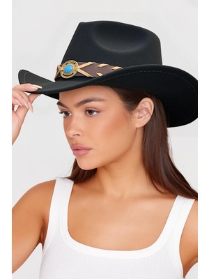 Külah Deri Şeritli Turkuaz Taşlı Siyah Bohem Kovboy Şapka