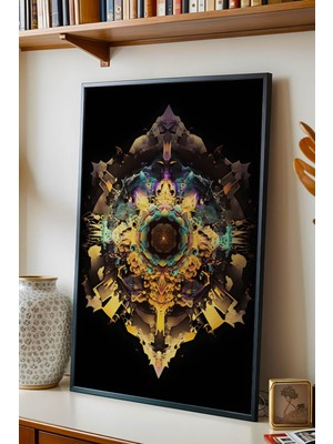 E2 Nova Altın Fraktal Mandala Premium Çerçeveli Tablo - Lüks Modern Soyut Geometrik Duvar Dekoru Siyah Sanat