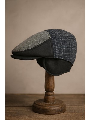 Külah Patchwork Kışlık Yün Ingiliz Kasket - Katlanır Sherpa Kulaklı Şapka