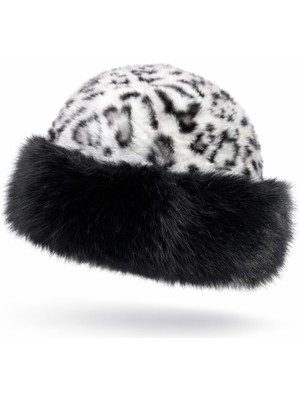 Külah Kürk Detaylı Leopar Desenli Kadın Kış Şapkası  Yumuşak – Sıcak – Lüks Dokulu