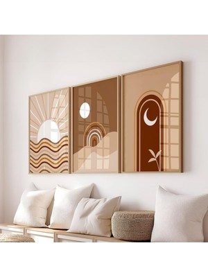 Pam Studio Minimalist Boho Tarzı Gün Doğumu ve Ay Manzaralı Üçlü Dekoratif Poster Seti