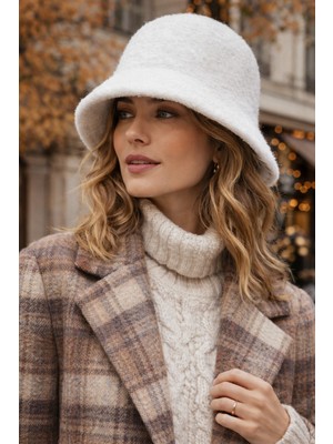 Külah Kadın Premium Cloche Şapka Kışlık Boho Bucket Hat - Beyaz