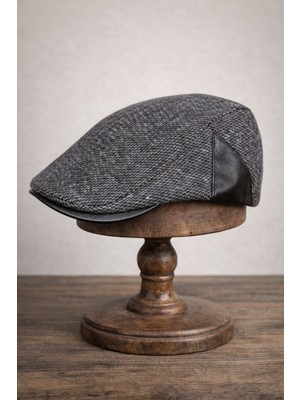 Külah Deri Siperli Yün Karışımlı Erkek Flat Cap Kasket | Ayarlanabilir | Klasik Kış Şapkası