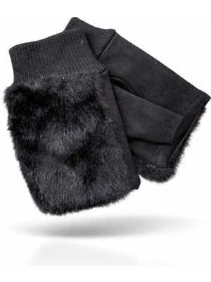 Külah Kadın Suni Kürklü Parmaksız Eldiven - Siyah