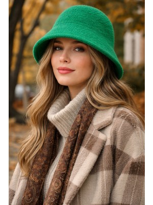 Külah Kadın Premium Cloche Şapka Kışlık Boho Bucket Hat - Yeşil