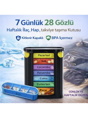Coofbe Bpa Içermez Haftalık Hap Saklama Kutusu 4 Bölmeli 28 Gözlü Kilitli Kapaklı Hap Kutusu