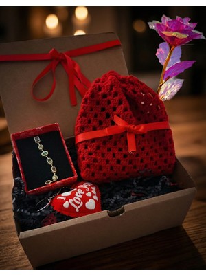 Eloriaa Sevgililer Günü Hediye Seti Kutulu (Kolye,sonsuzluk Gülü,kalpli Anahtarlık,el Örgüsü Bere)