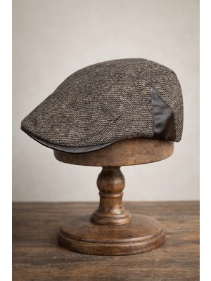 Külah Deri Siperli Yün Karışımlı Erkek Flat Cap Kasket | Ayarlanabilir | Klasik Kış Şapkası