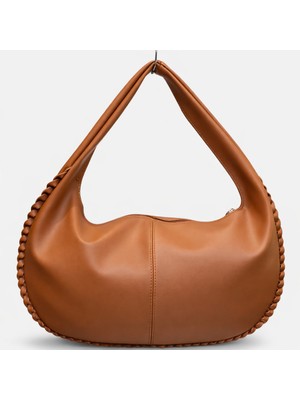 Turqa Taba Renk Oval Örgü Kenarlı Yumuşak Suni Deri Kadın Omuz Çantası