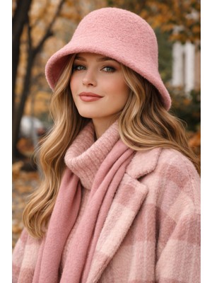 Külah Kadın Premium Cloche Şapka Kışlık Boho Bucket Hat - Pembe