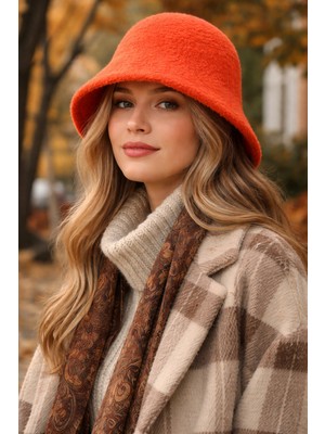 Külah Kadın Premium Cloche Şapka Kışlık Boho Bucket Hat - Orange